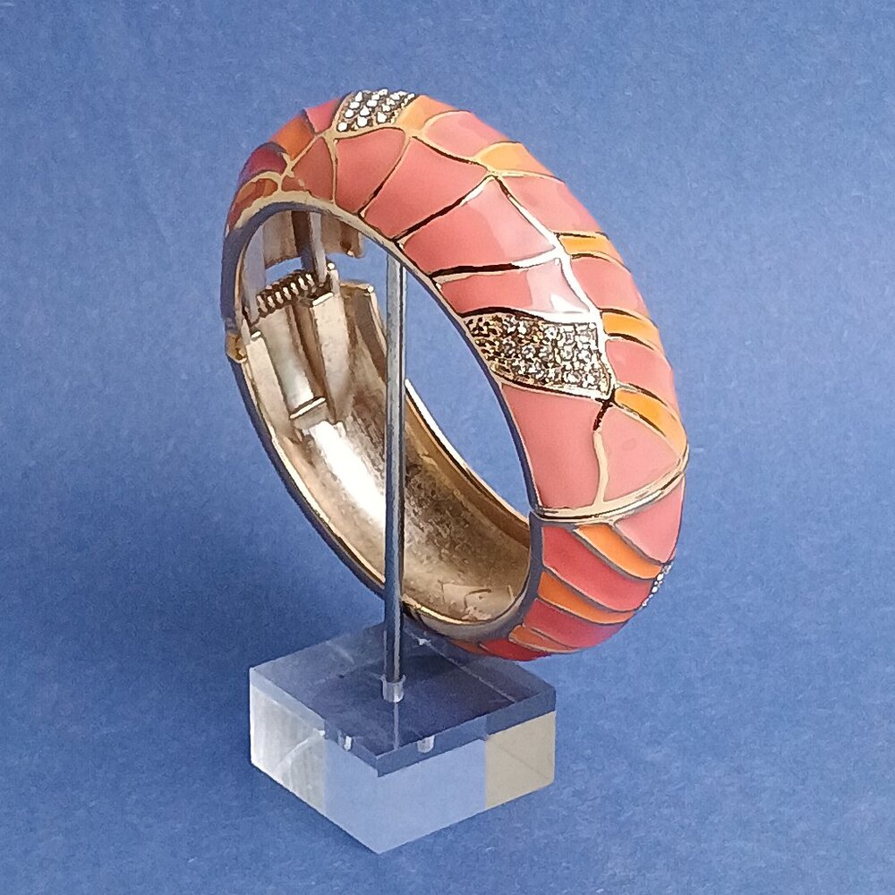 Butterfly Wing Pattern Pastel Multi Enamel Rhinestone Cuff Clamper Bracelet Gold